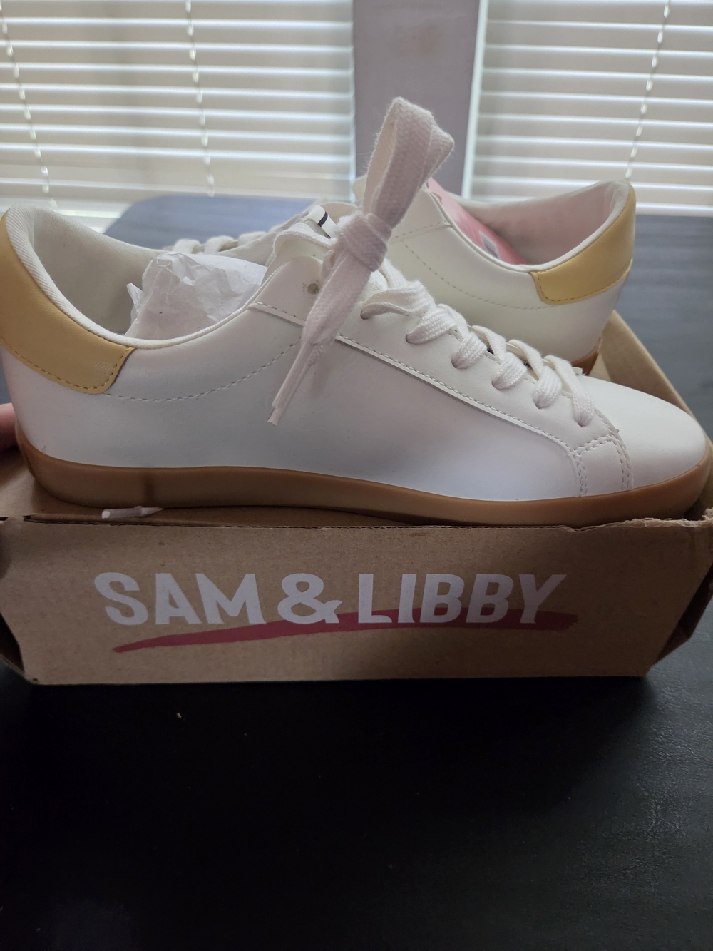 Sam & Libby Women's bright white  Leather Lace-Up Sneakers with Yellow Accent